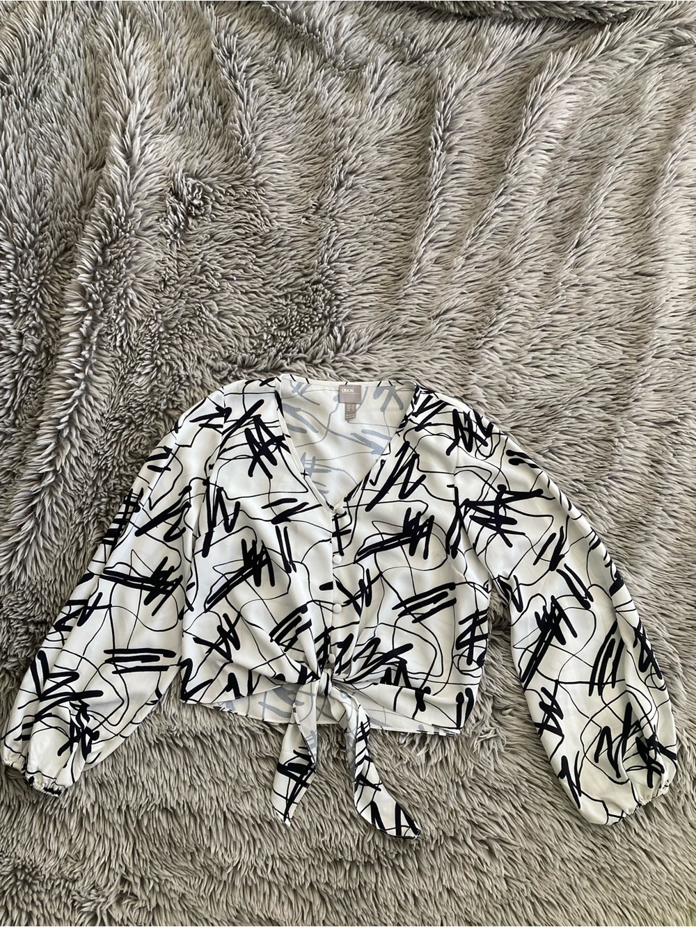 ASOS- size 4- White and Black Scribble Tie-Front Blouse